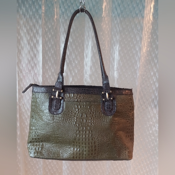 Etienne Aigner Olive Green Croc Embossed Leather Tote Bag
